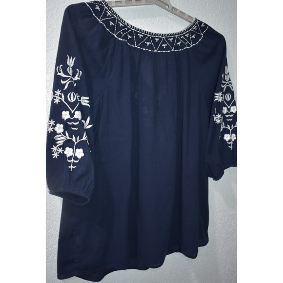 TALBOTS 1X Cotton Navy Blue White Embroidery 3/4 Sleeves Gauze Peasant Boho Top - Picture 10 of 16